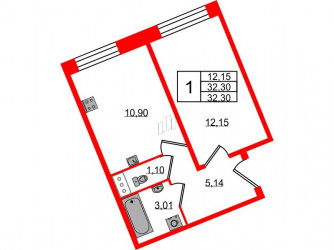 Однокомнатная квартира 32.3 м²