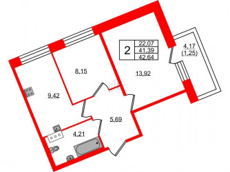 Двухкомнатная квартира 42.64 м²