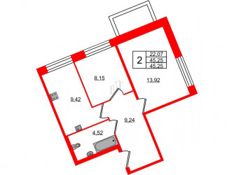 Двухкомнатная квартира 45.25 м²