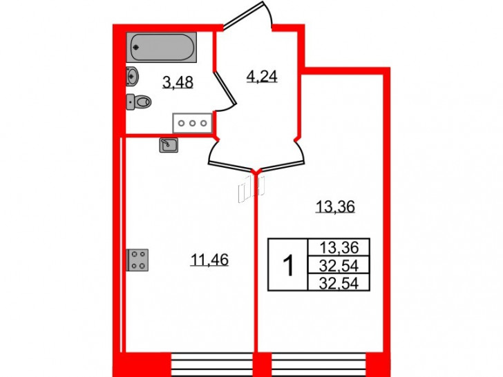 Однокомнатная квартира 32.54 м²