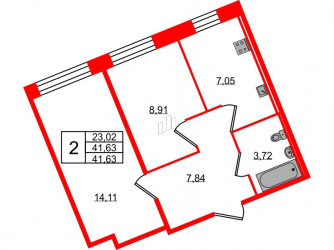 Двухкомнатная квартира 41.63 м²