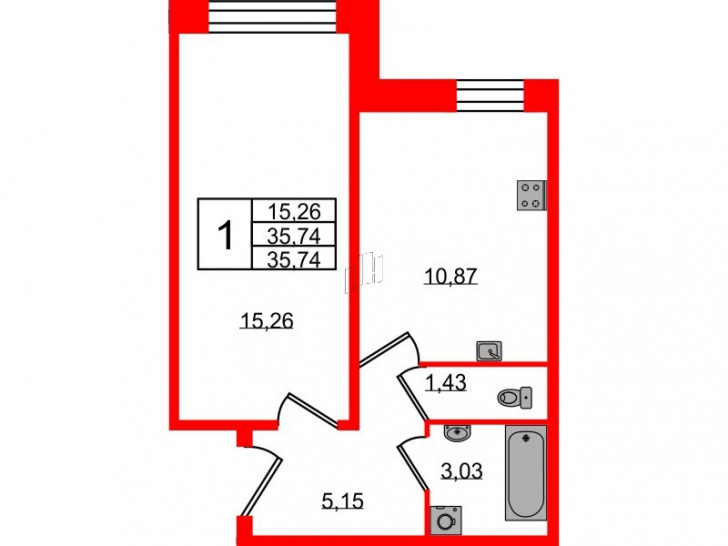 Однокомнатная квартира 35.74 м²