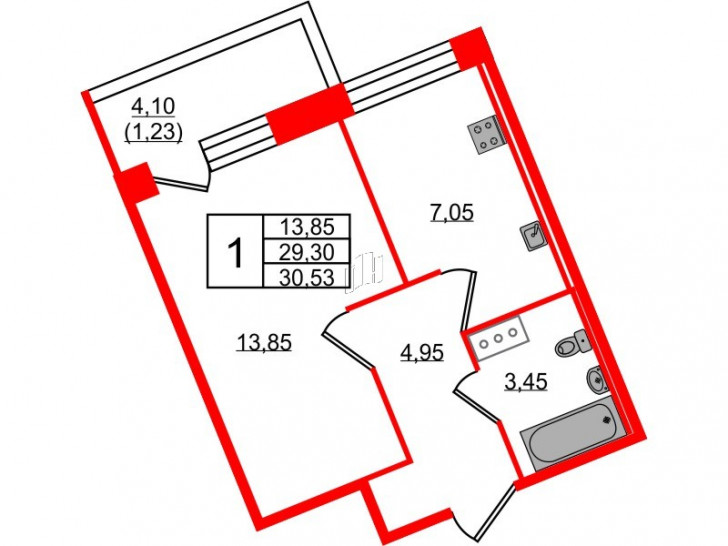 Однокомнатная квартира 30.53 м²
