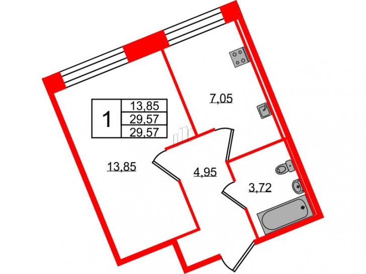 Однокомнатная квартира 29.57 м²