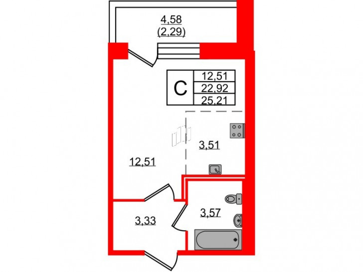 Студия 25.21 м²
