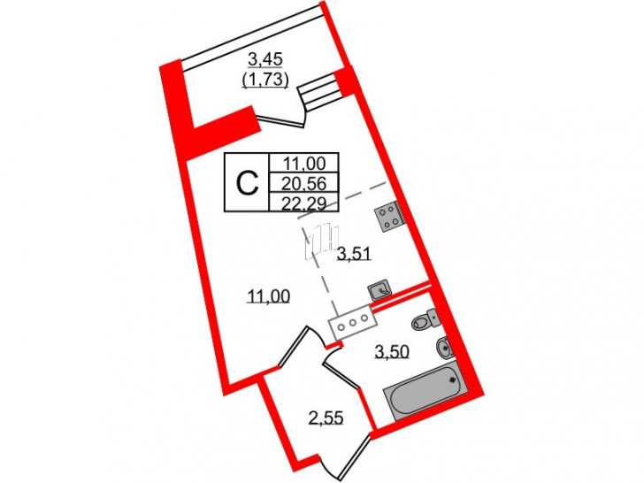 Студия 22.29 м²