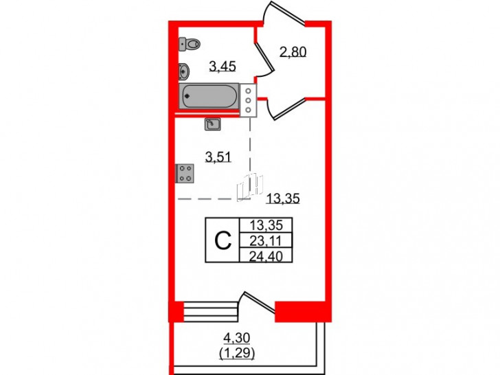Студия 24.4 м²