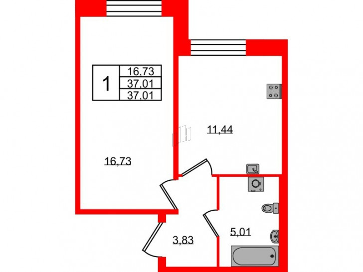 Однокомнатная квартира 37.01 м²