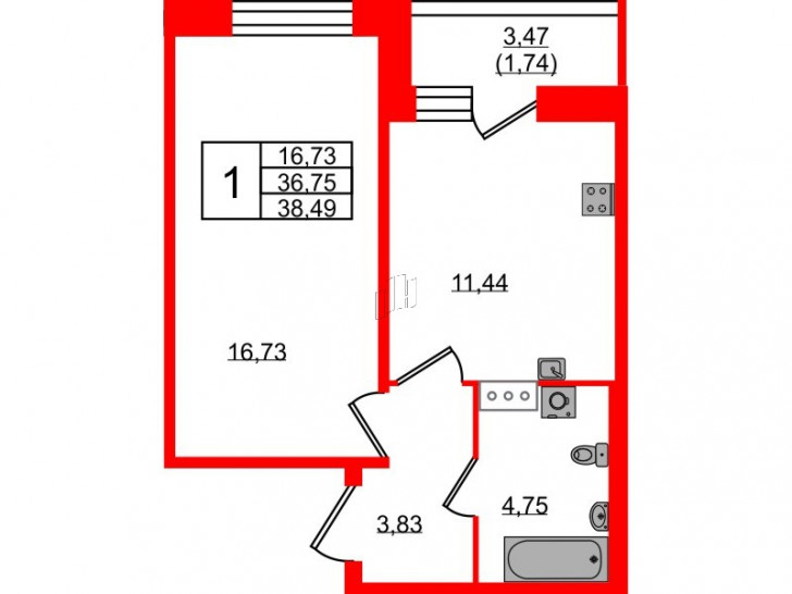 Однокомнатная квартира 38.49 м²