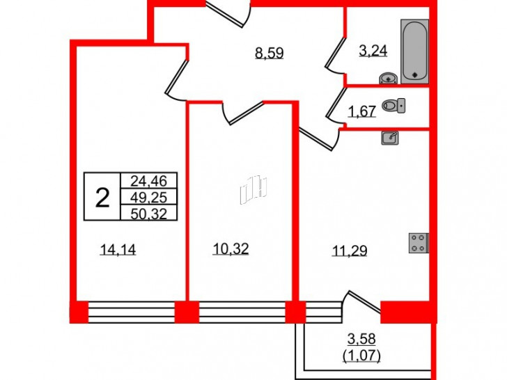 Двухкомнатная квартира 50.32 м²