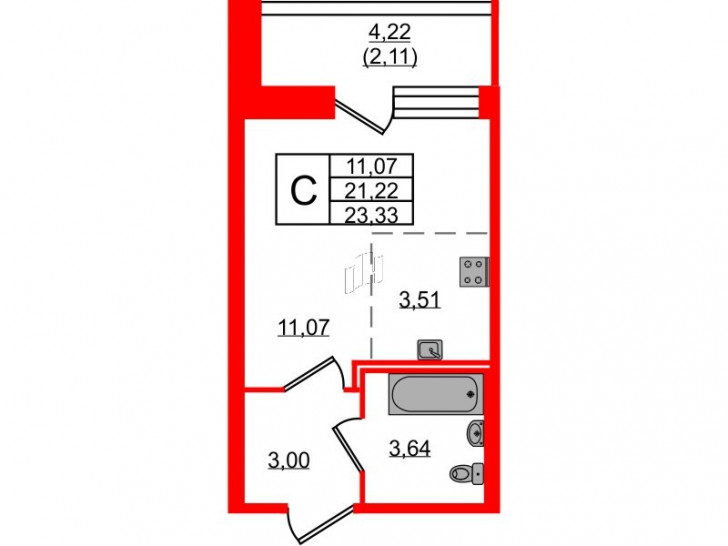 Студия 23.33 м²