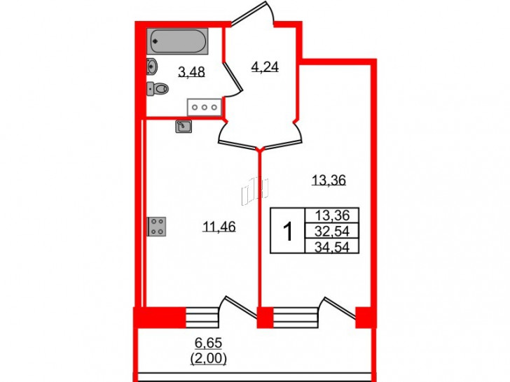 Однокомнатная квартира 34.54 м²