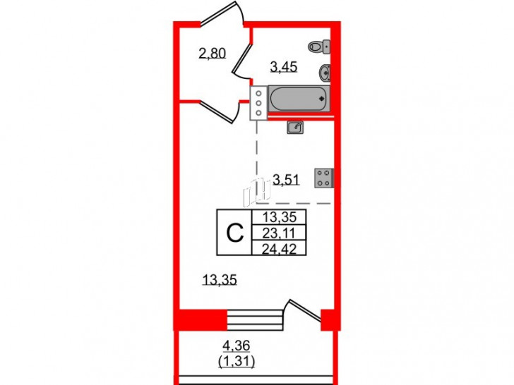 Студия 24.42 м²