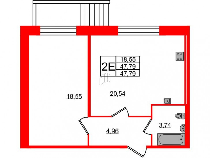 Однокомнатная квартира 47.79 м²