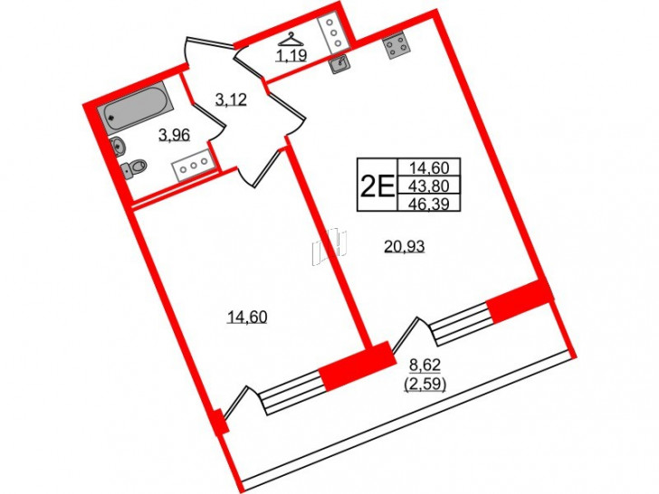 Однокомнатная квартира 46.39 м²