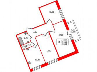 Трёхкомнатная квартира 66.05 м²