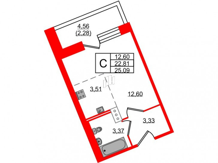 Студия 25.09 м²
