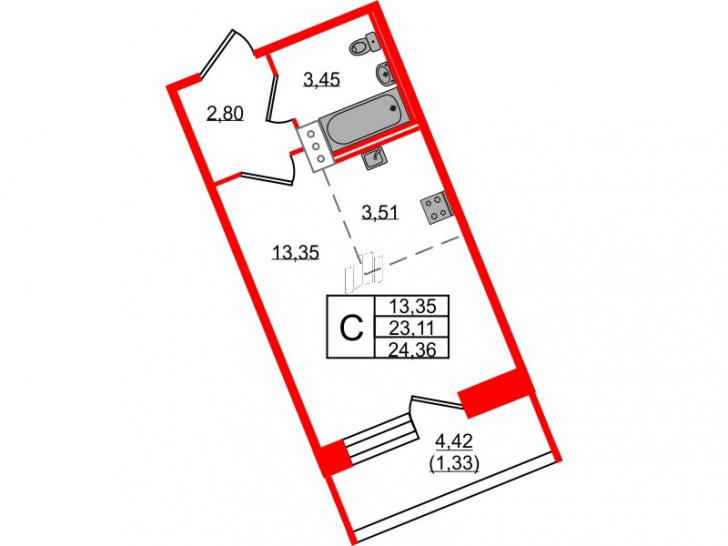 Студия 24.36 м²