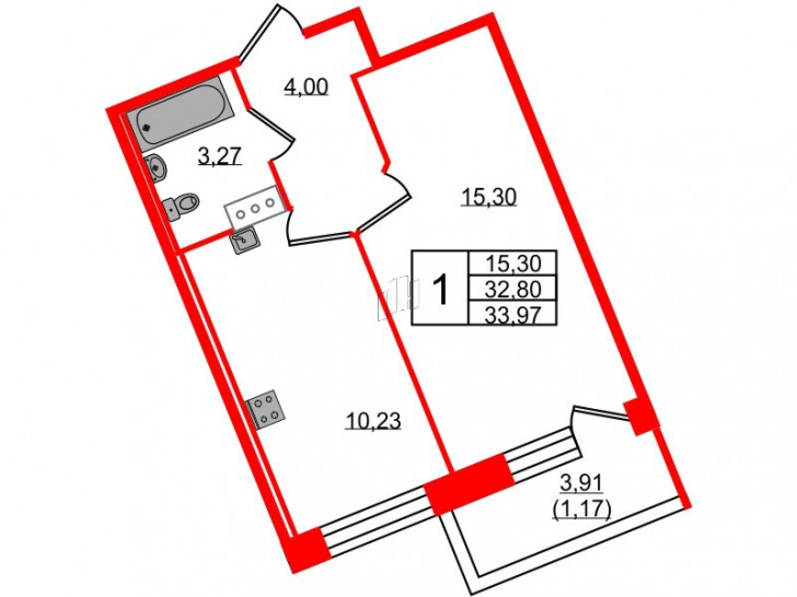 Однокомнатная квартира 33.97 м²