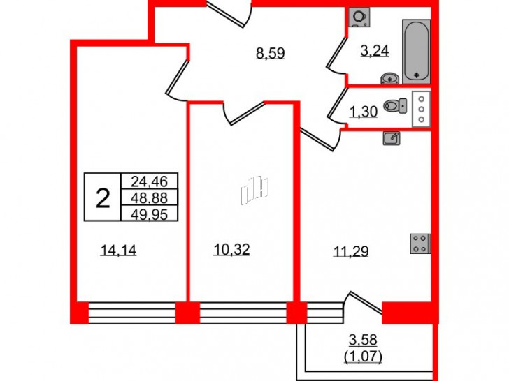 Двухкомнатная квартира 49.95 м²