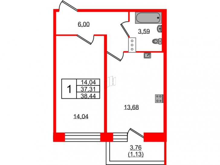 Однокомнатная квартира 38.44 м²