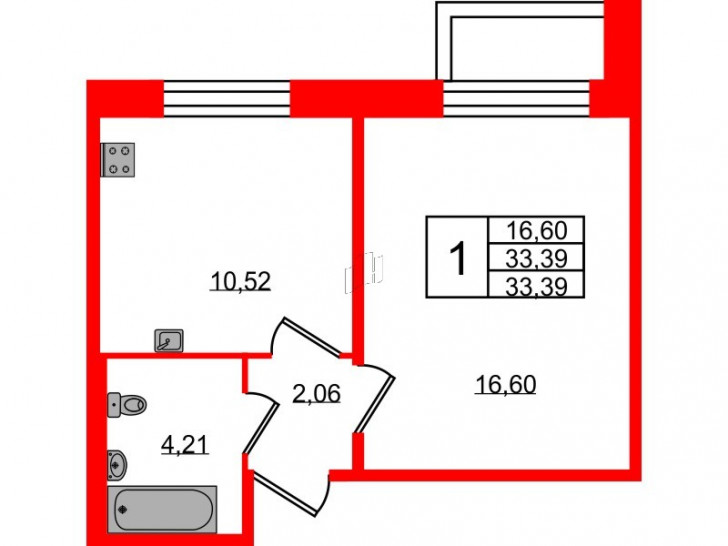 Однокомнатная квартира 33.39 м²