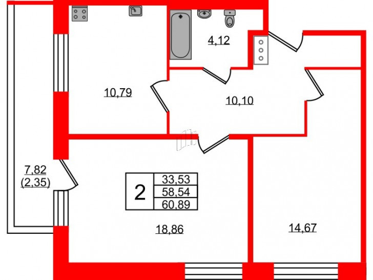 Двухкомнатная квартира 60.89 м²