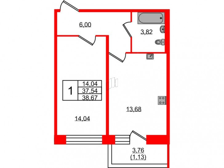 Однокомнатная квартира 38.67 м²