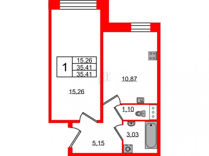 Однокомнатная квартира 35.41 м²