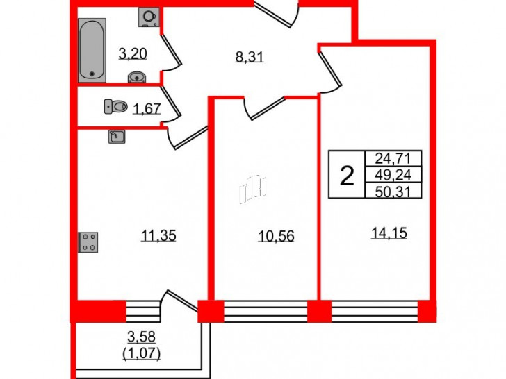 Двухкомнатная квартира 50.31 м²