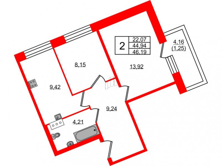 Двухкомнатная квартира 46.19 м²