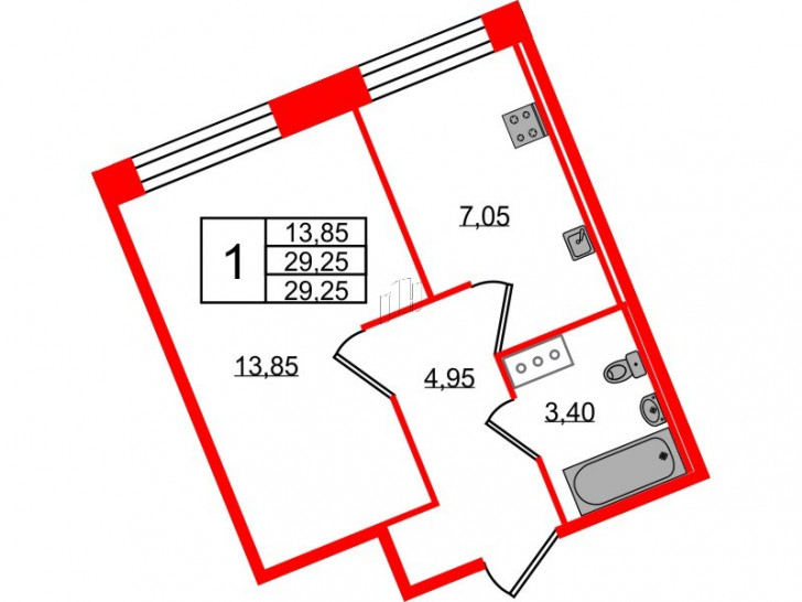 Однокомнатная квартира 29.25 м²