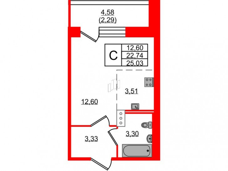Студия 25.03 м²