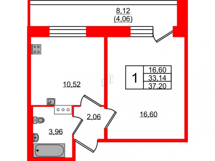 Однокомнатная квартира 37.2 м²