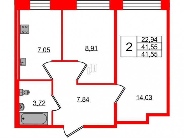 Двухкомнатная квартира 41.55 м²