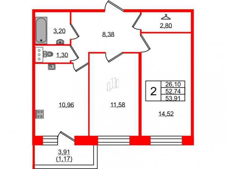 Двухкомнатная квартира 53.91 м²