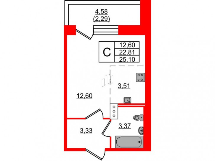 Студия 25.1 м²