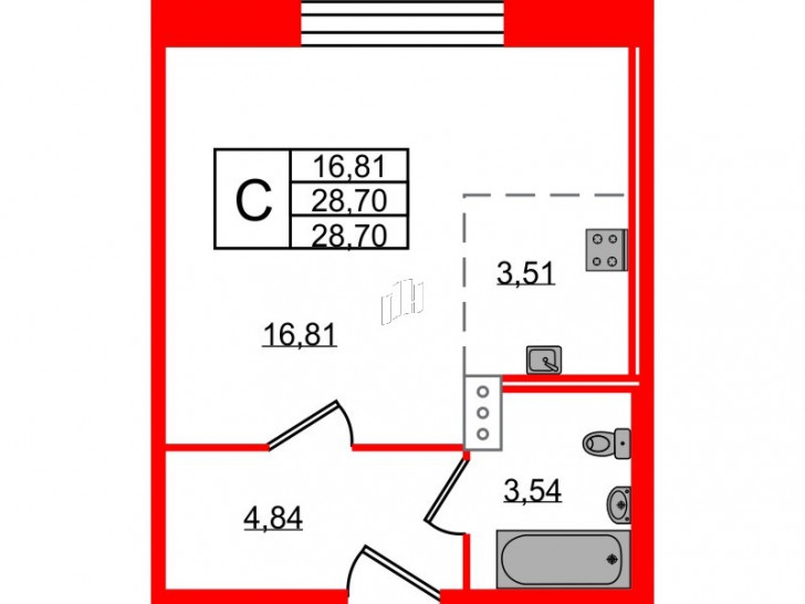 Студия 28.7 м²