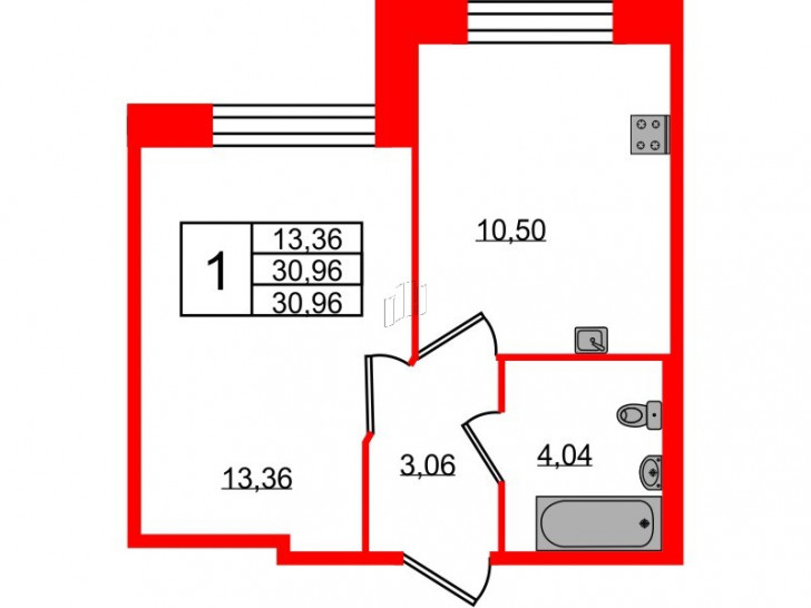 Однокомнатная квартира 30.96 м²