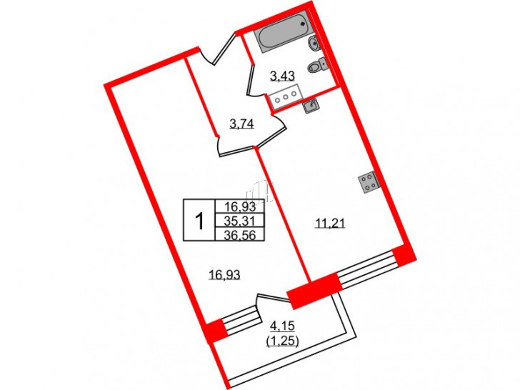 Однокомнатная квартира 36.56 м²
