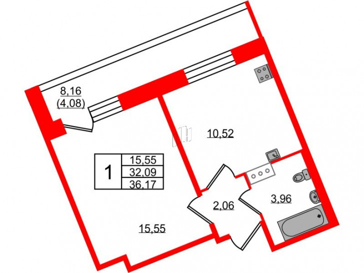 Однокомнатная квартира 36.17 м²