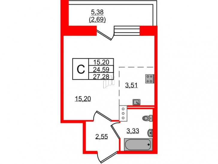 Студия 27.28 м²