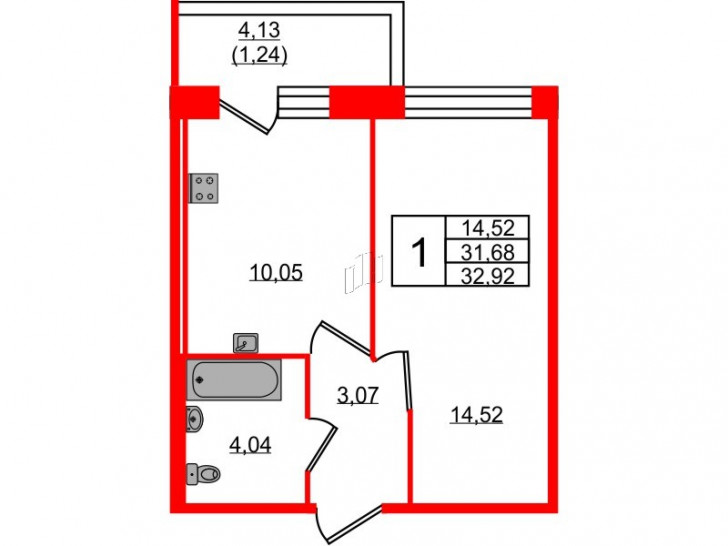 Однокомнатная квартира 32.92 м²