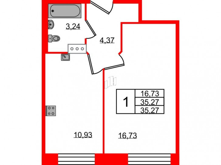 Однокомнатная квартира 35.27 м²