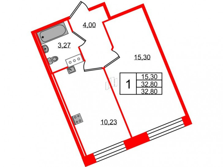 Однокомнатная квартира 32.8 м²