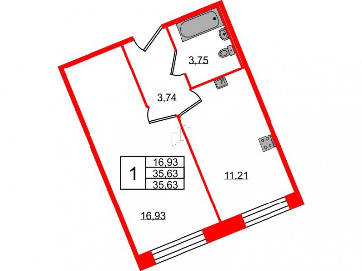 Однокомнатная квартира 35.63 м²