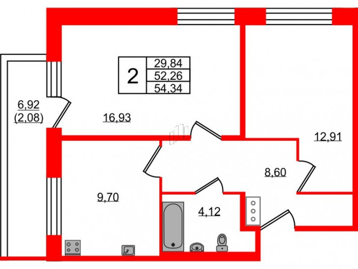 Двухкомнатная квартира 54.34 м²
