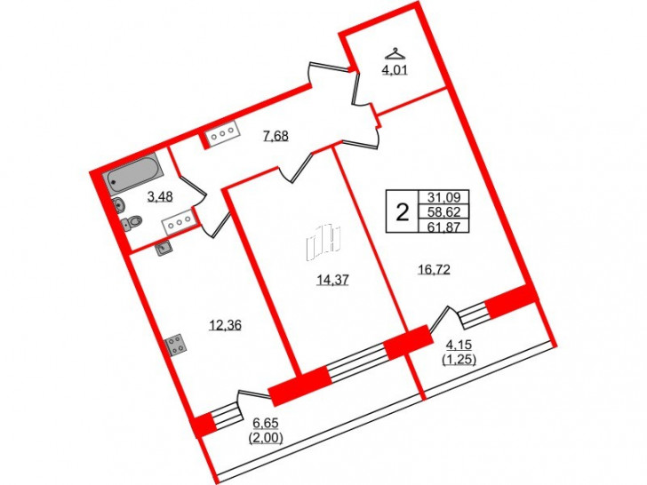 Двухкомнатная квартира 61.87 м²