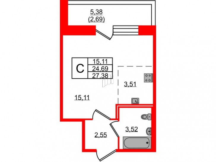 Студия 27.38 м²