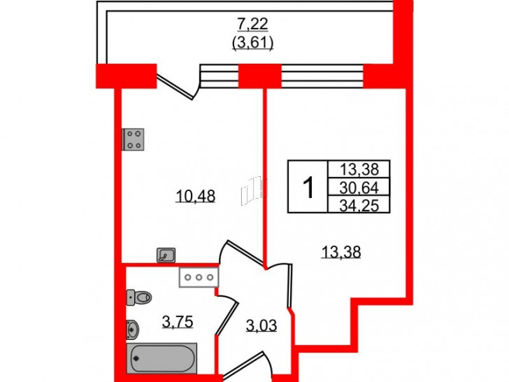 Однокомнатная квартира 34.25 м²